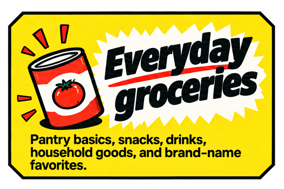 Everyday groceries — pantry basics, snacks, drinks, household goods, and brand-name favorites